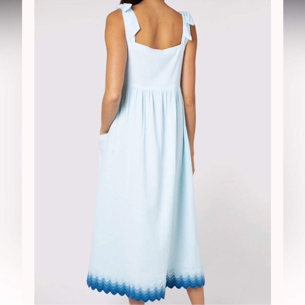 Juliet Dunn Tie Shoulder Dress Midi Tonal Cotton Ric Rac Blue Size Medium - Picture 8 of 9